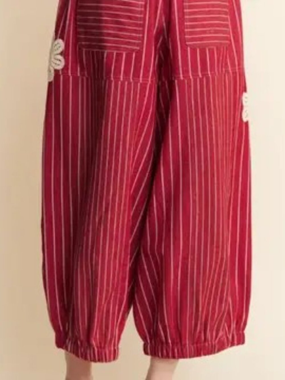 DAVI & DANI Red Pinstripe Wide Leg Jumpsuit Pants with White Lace Appliqué - Picture 2 of 2
